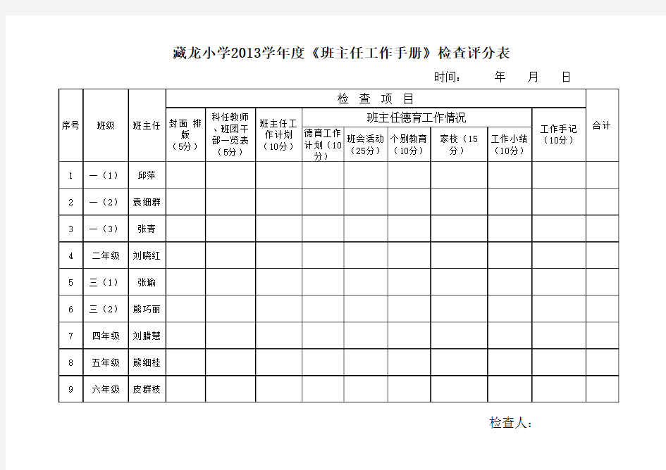 藏龙小学《班主任工作手册》检查评分表