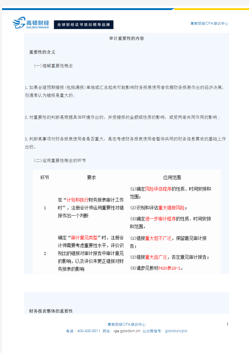 CPA教材里的审计重要性的内容