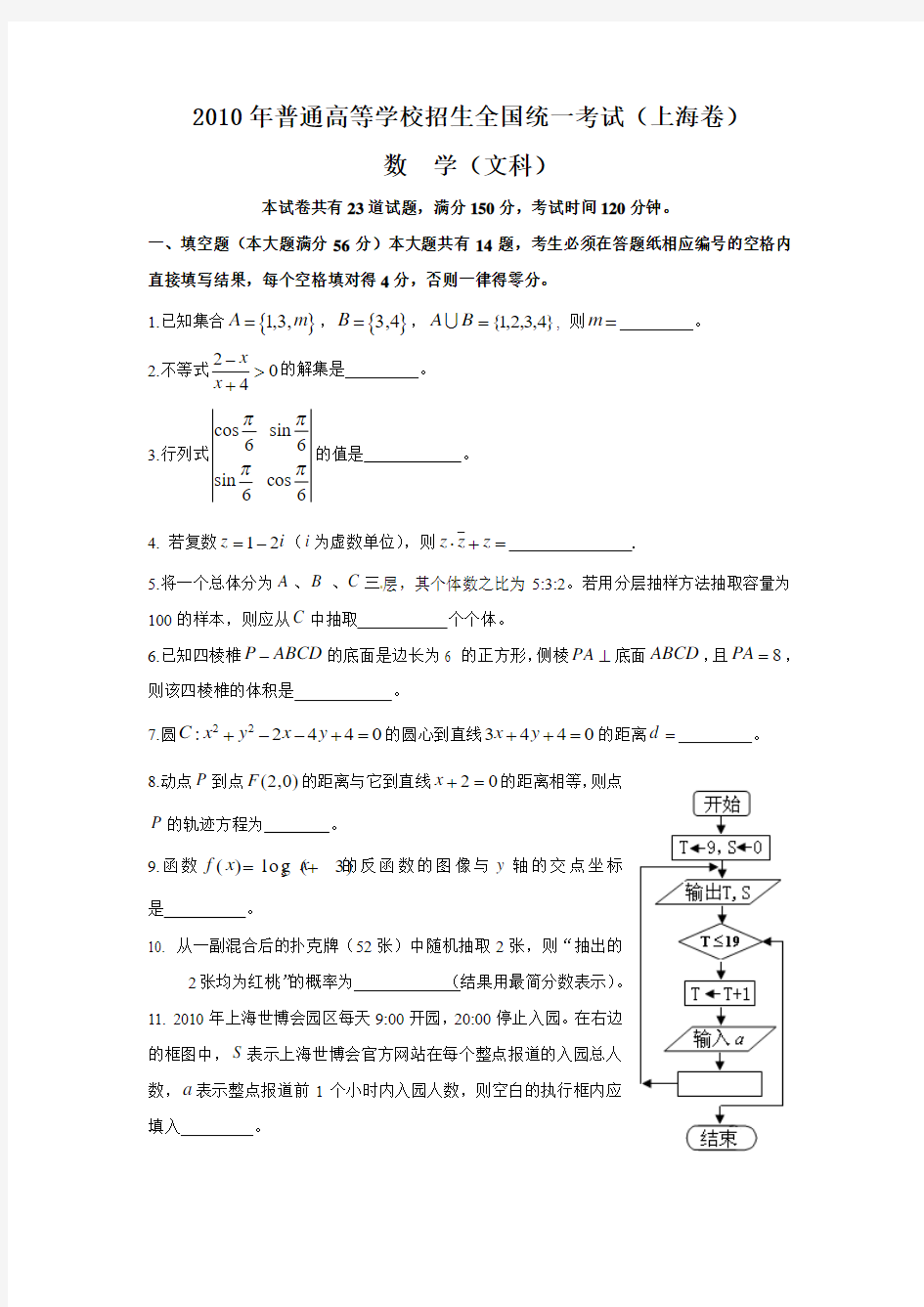 2010年高考文科数学(上海)卷