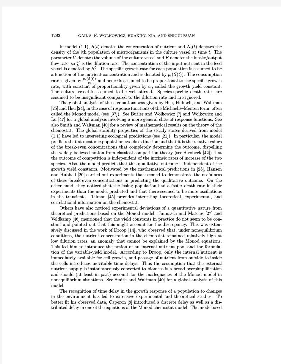 Competition in the chemostat a distributed delay model and its global asymptotic behaviour