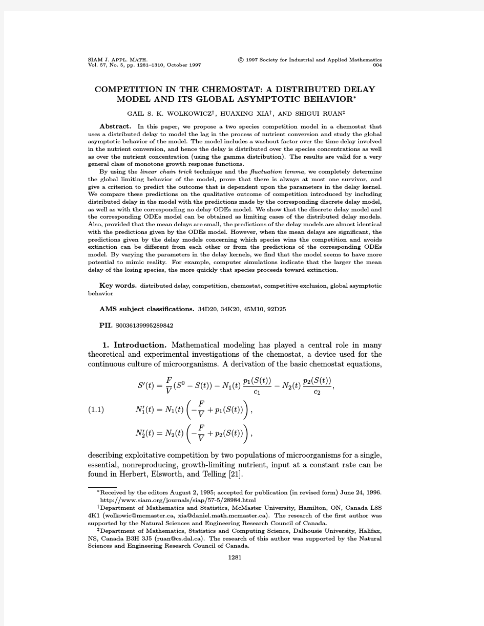 Competition in the chemostat a distributed delay model and its global asymptotic behaviour