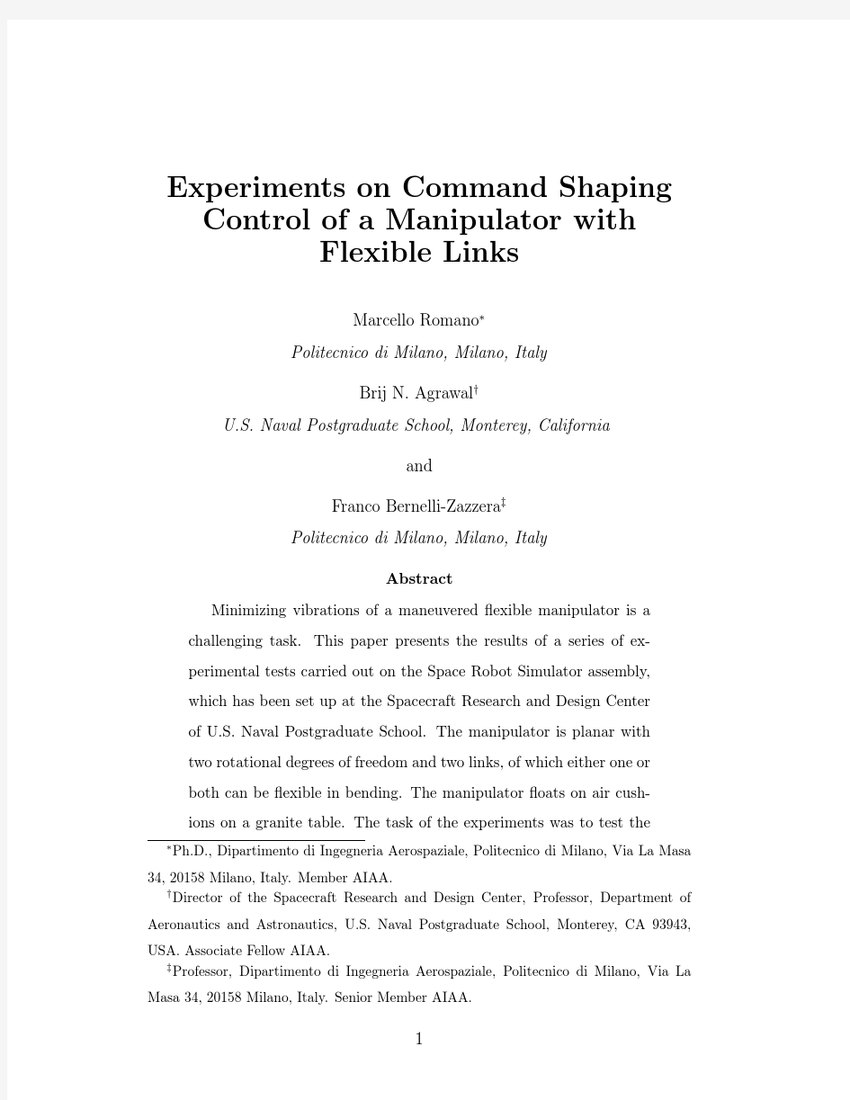 Experiments on Command Shaping Control of a Manipulator with Flexible Links