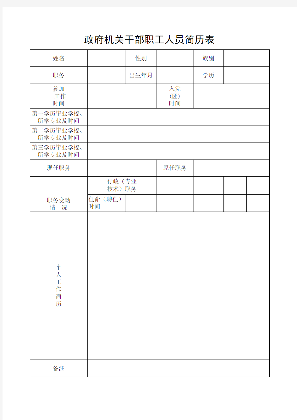 政府机关干部职工人员简历表