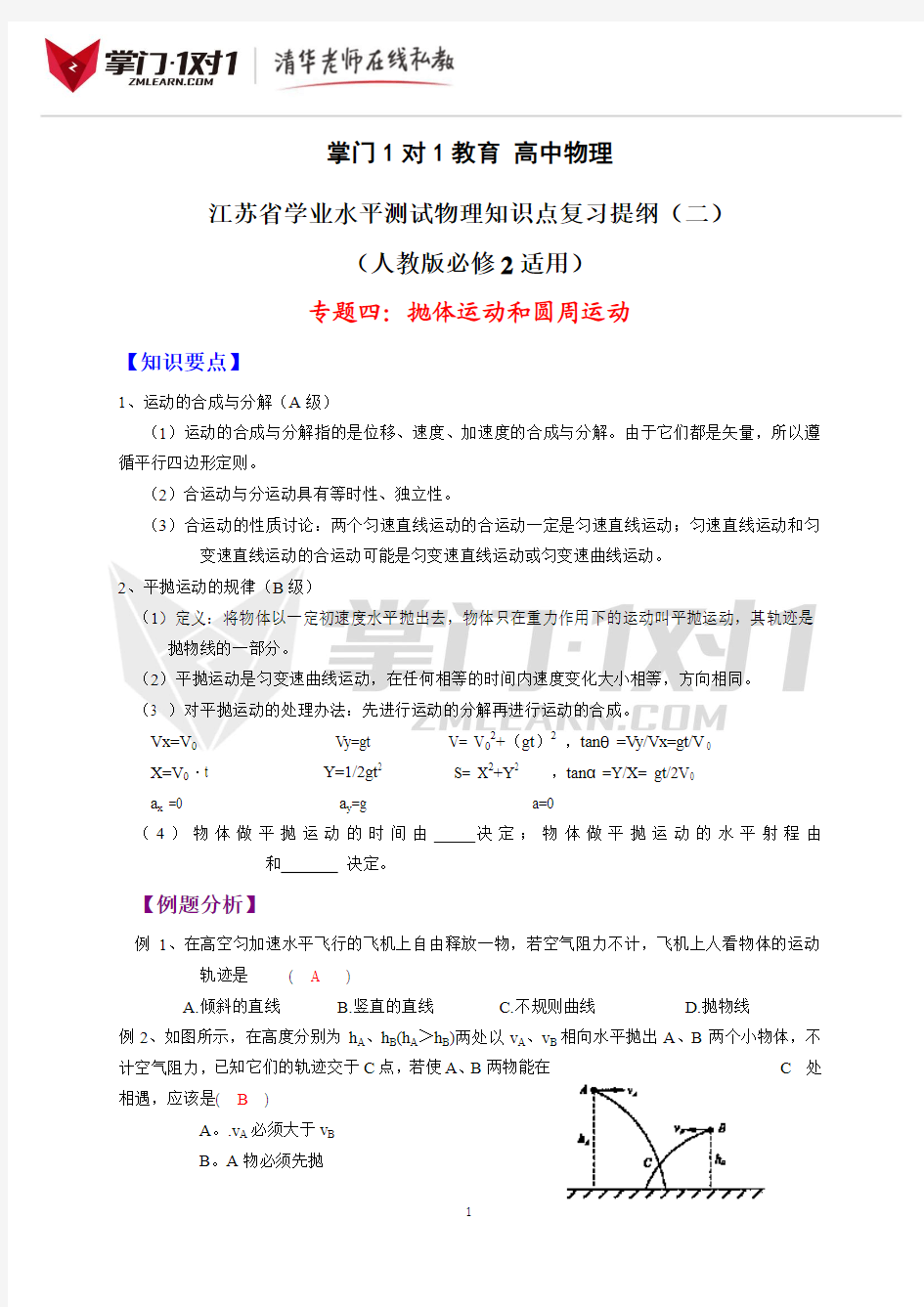 江苏省学业水平测试物理知识点复习提纲_专题4_抛体运动和圆周运动