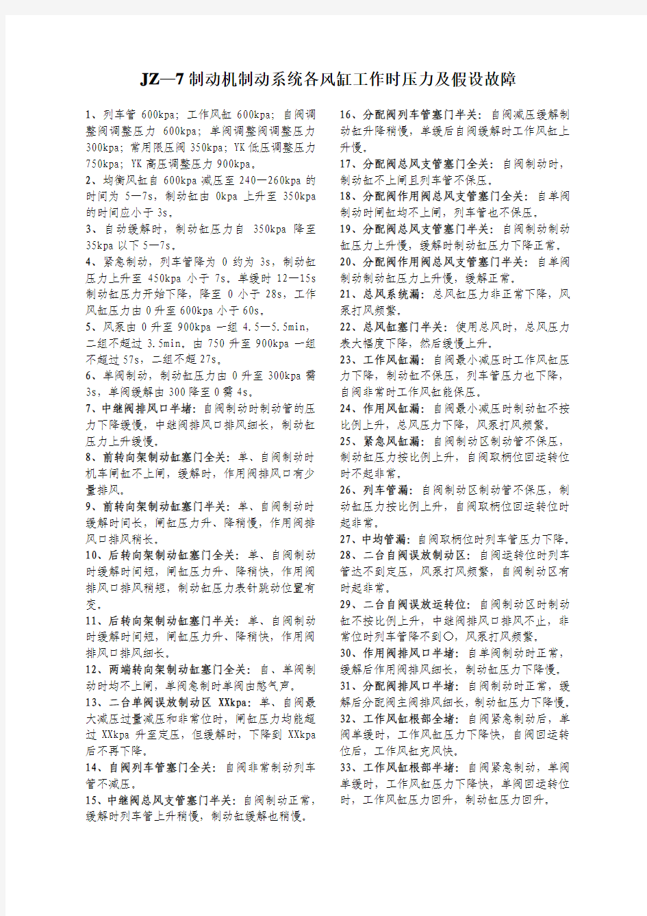 JZ—7制动机制动系统各风缸工作时压力及假设故障(淄博)