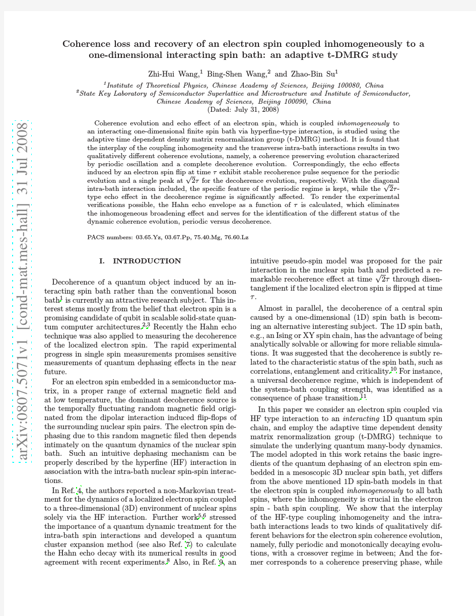 Coherence loss and recovery of an electron spin coupled inhomogeneously to a one-dimensiona