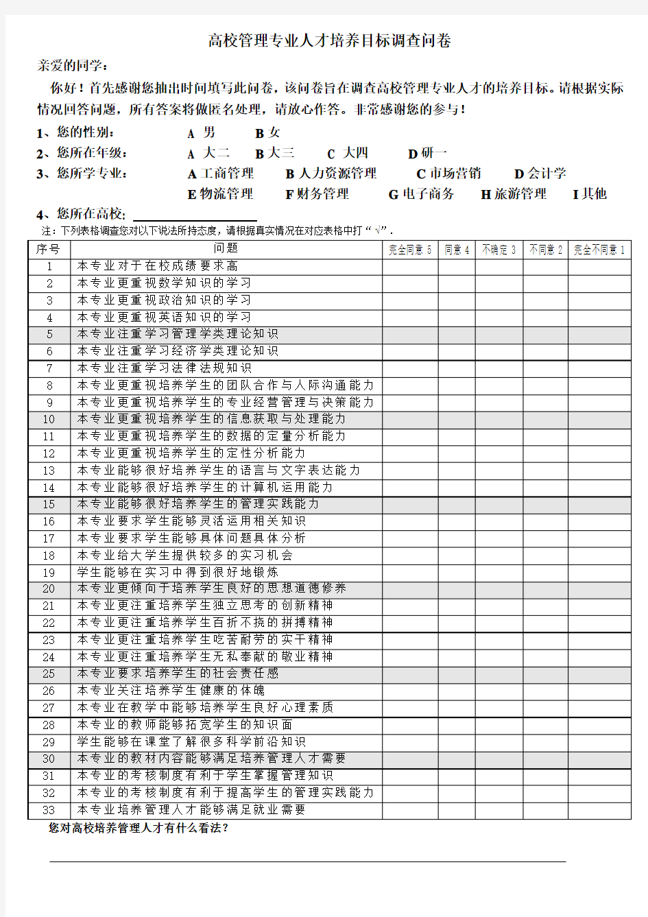 高校管理人才培养目标调查问卷