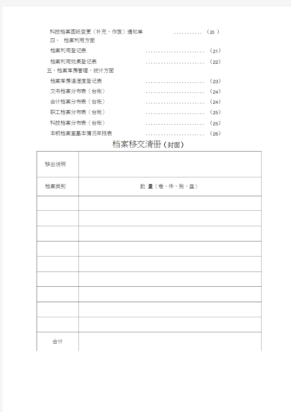 档案管理常用目录表格式样