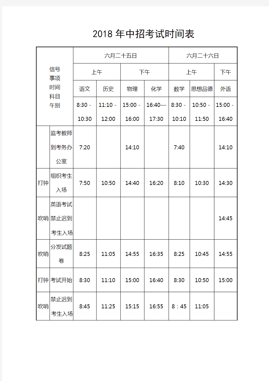 2018年河南中招考试时间表