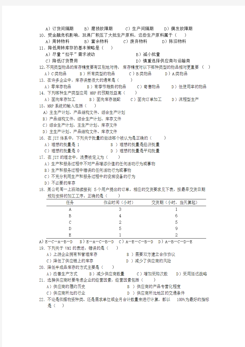 0911库存管理(二)真题及答案