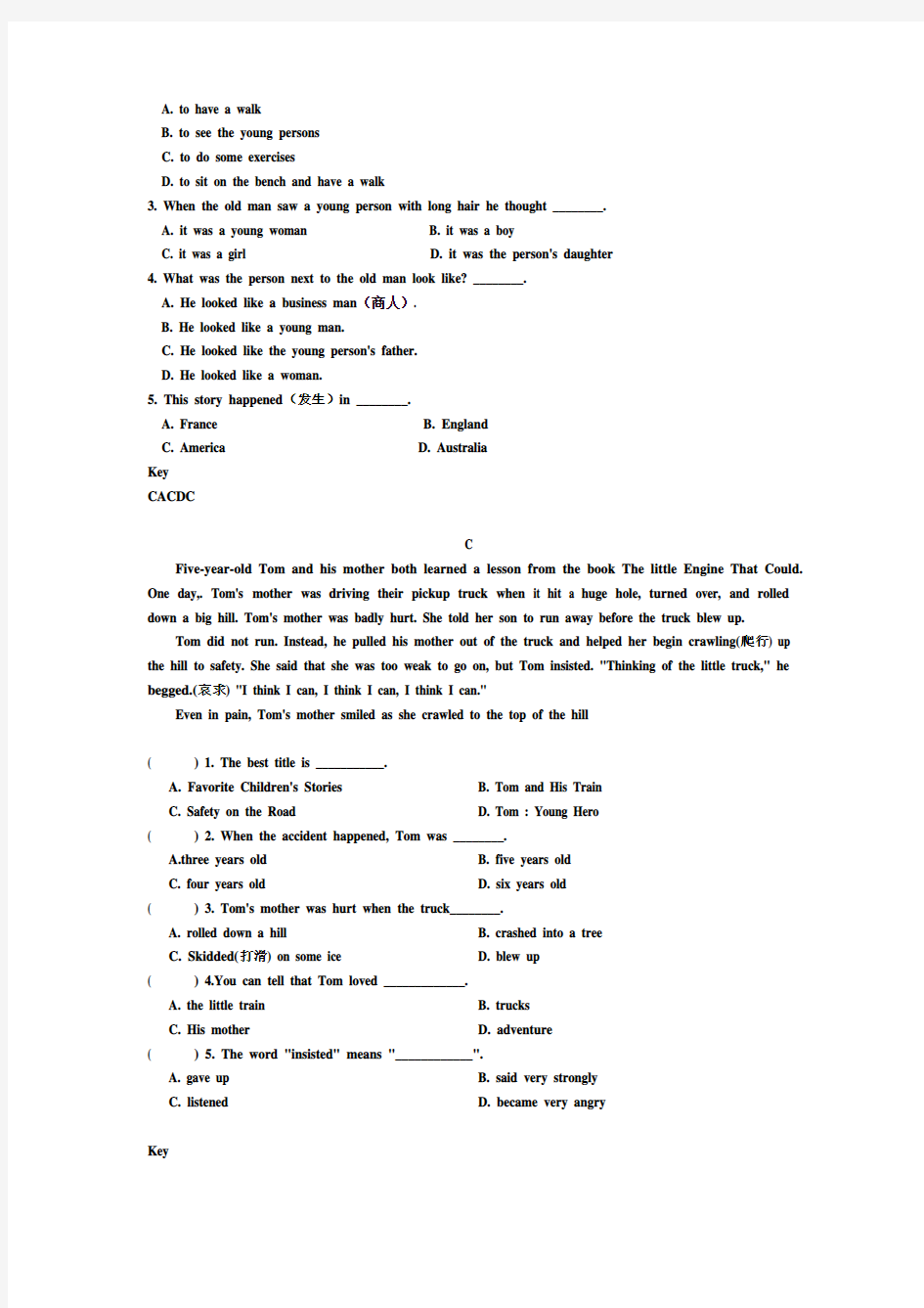小学六年级英语阅读理解典型习题(含答案)