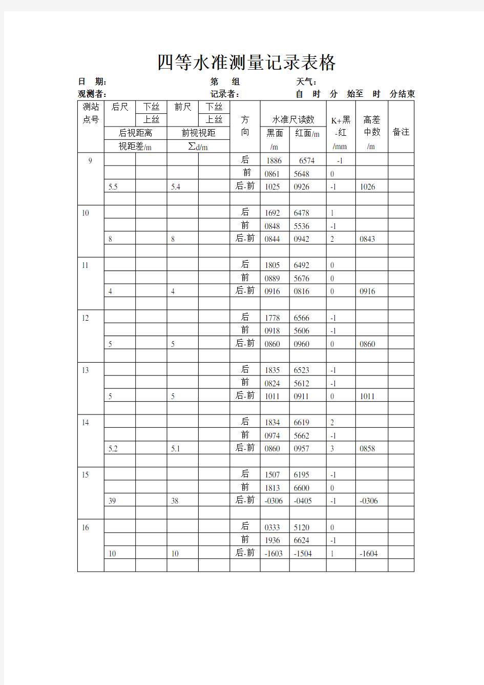 四等水准测量记录表格