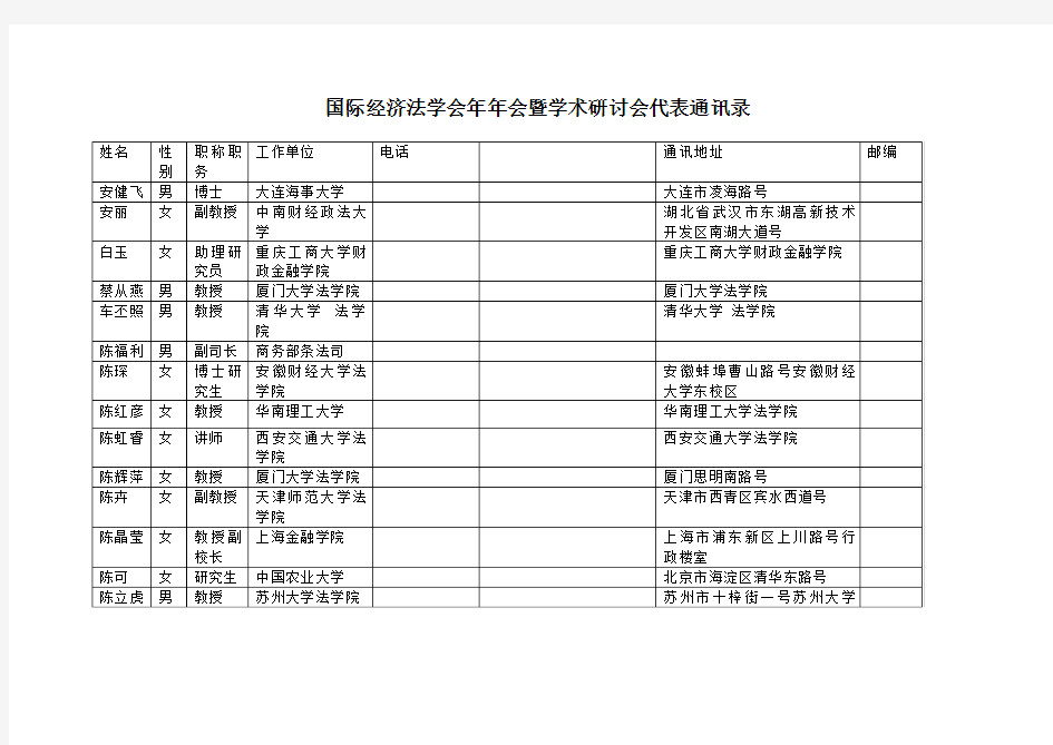 国际经济法学会年年会暨学术研讨会代表通讯录