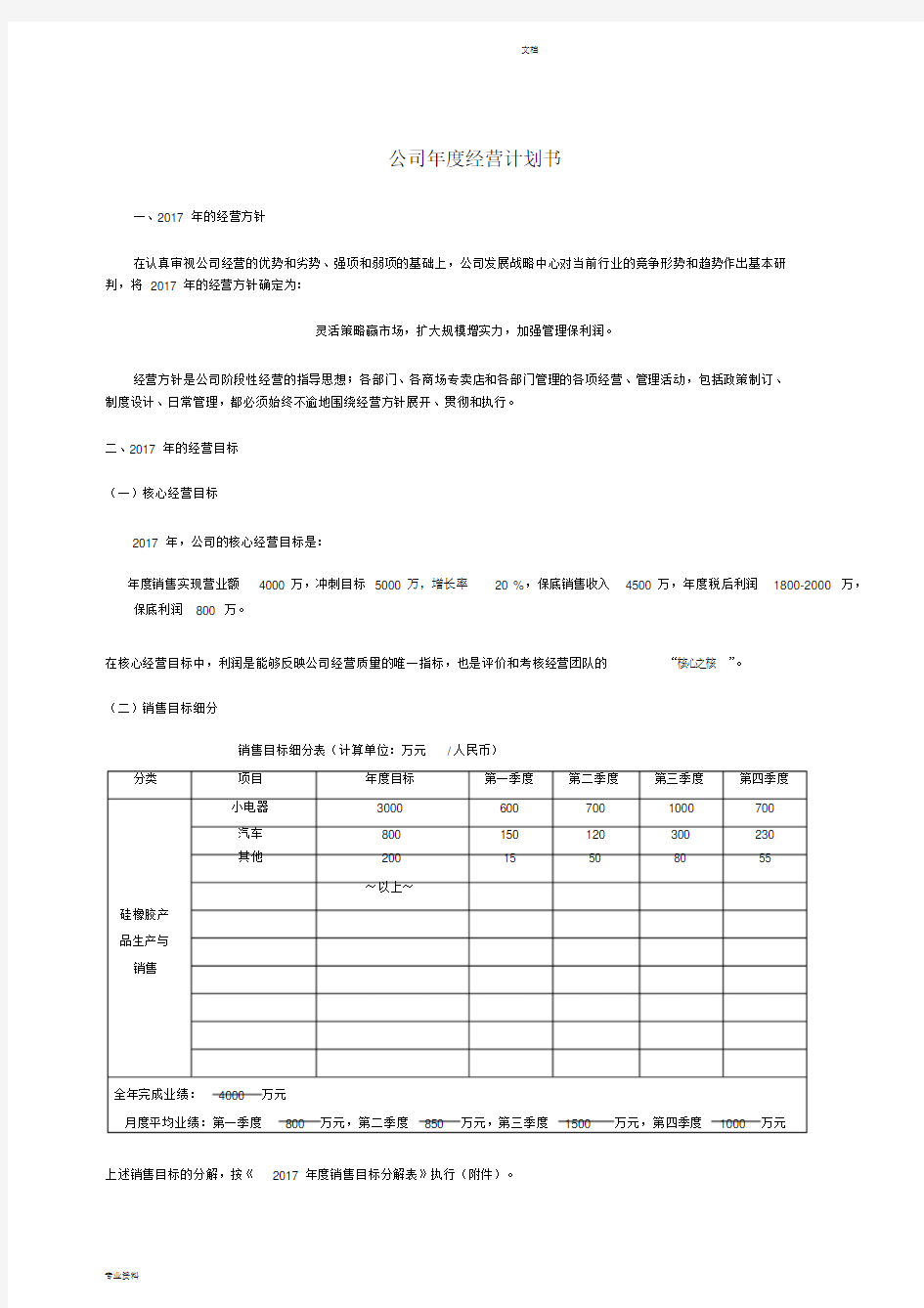 (完整版)公司年度经营计划书(2017)