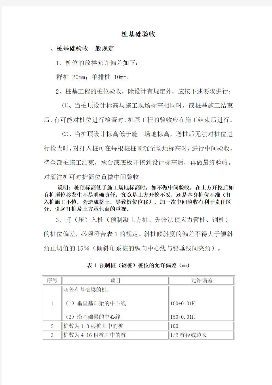 桩基础验收桩基础验收一般规定1桩位的放样允许偏差如下群