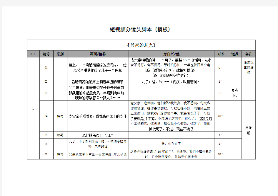 短视频分镜头脚本(模板)