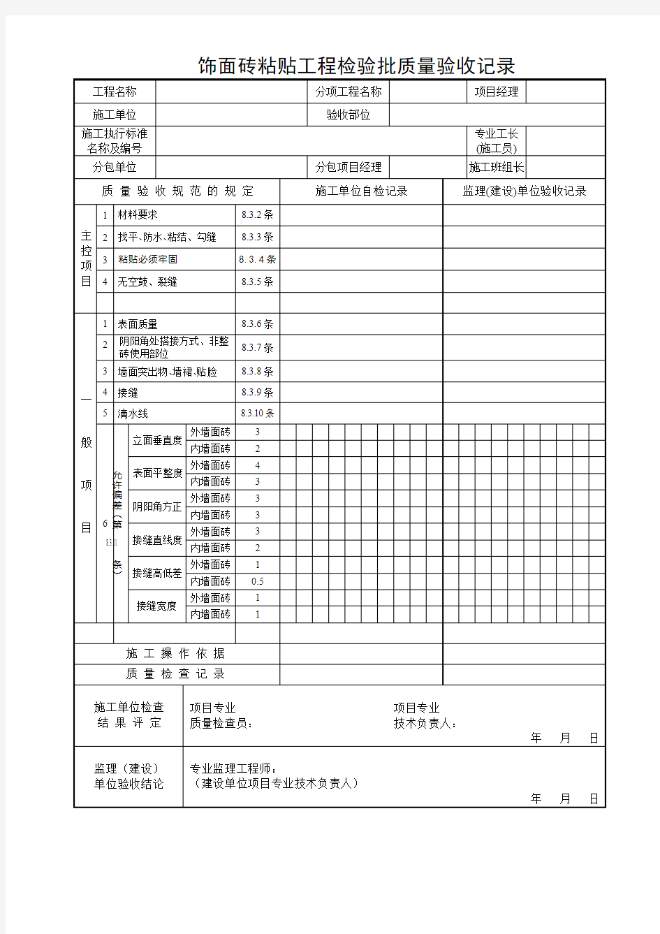 饰面砖粘贴工程检验批质量验收记录