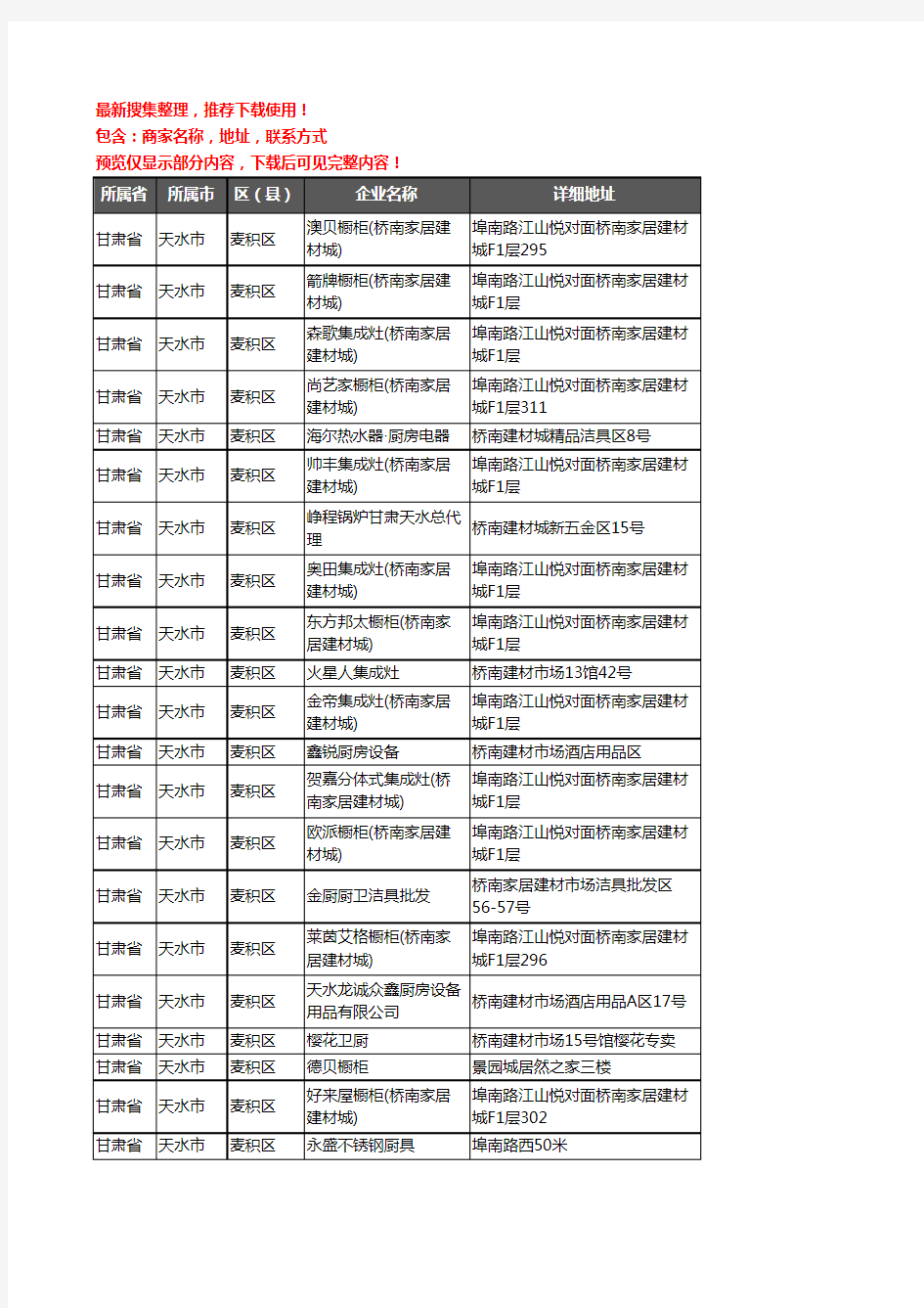 新版甘肃省天水市麦积区厨卫电器企业公司商家户名录单联系方式地址大全39家