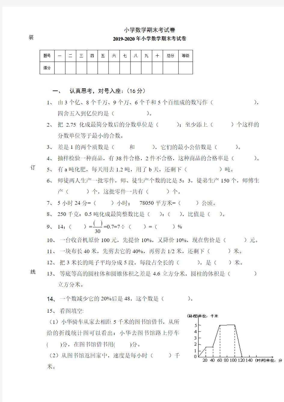 2019-2020年小学数学期末考试卷