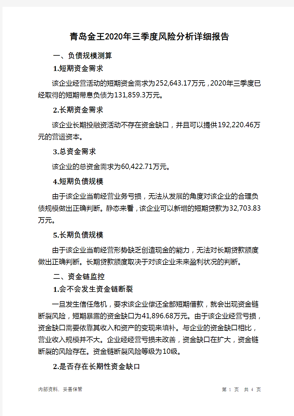 青岛金王2020年三季度财务风险分析详细报告