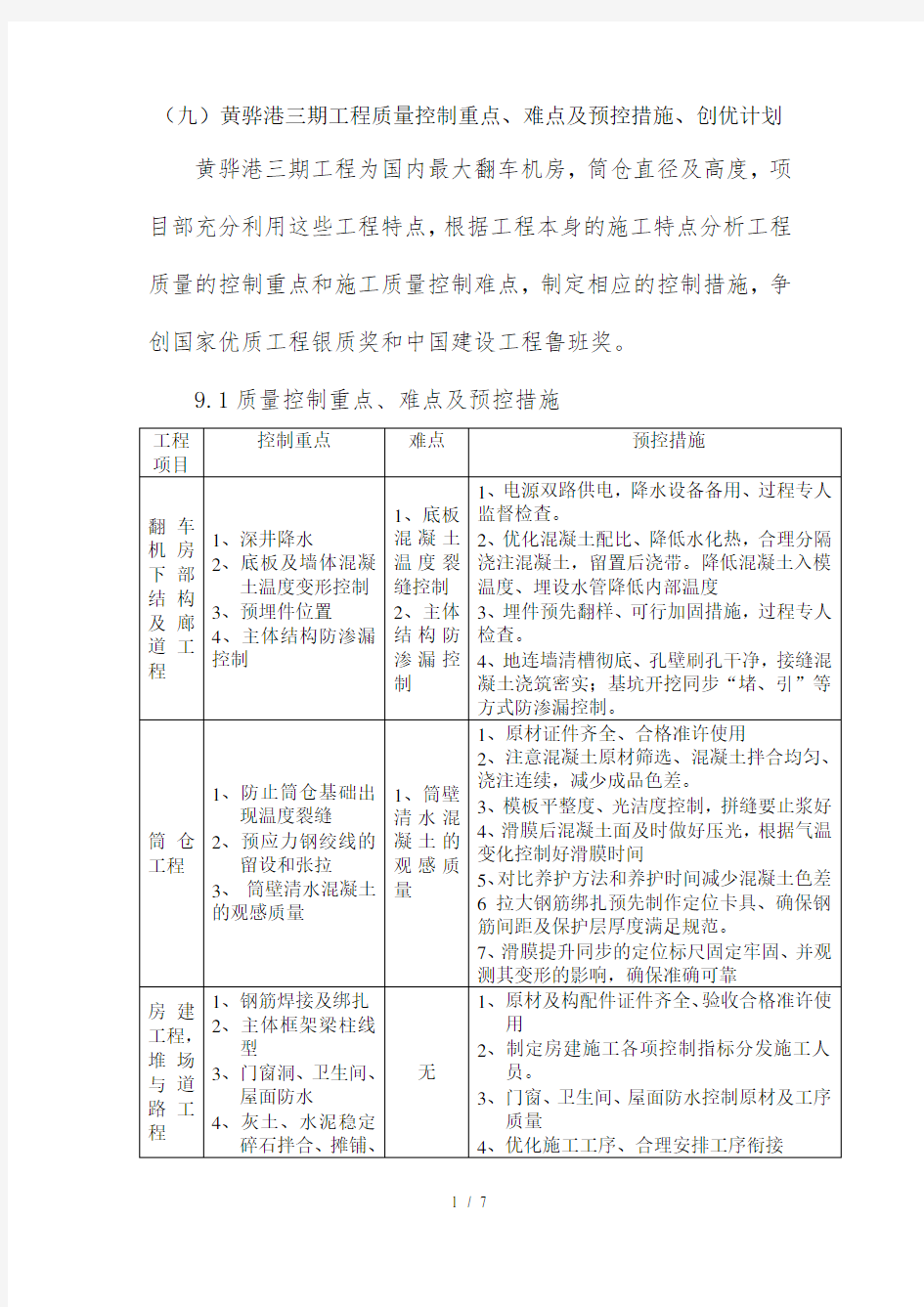 质量重点、质量控制措施、创优计划