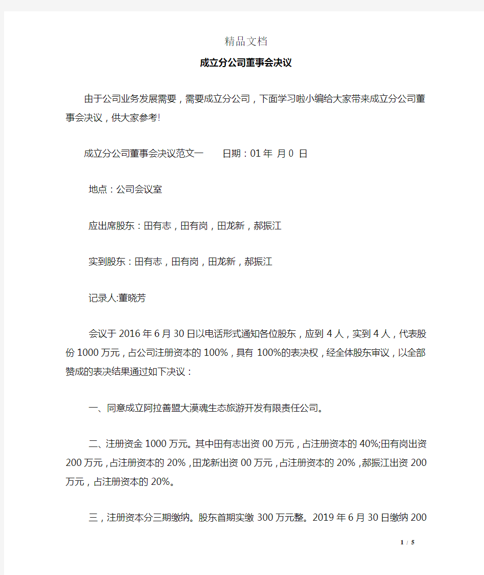 成立分公司董事会决议