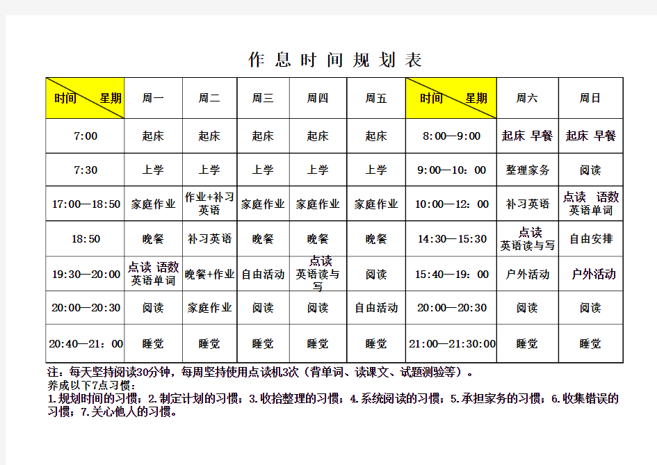 作息时间规划表