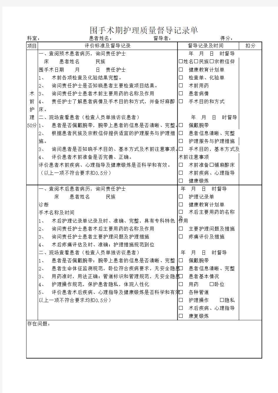 围手术期护理质量督导记录单