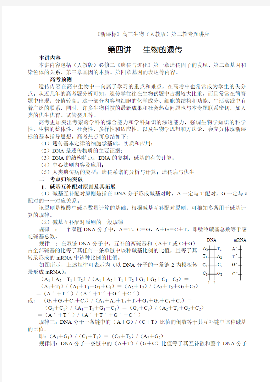 新课标人教版必修2高三生物第二轮专题讲座第4讲 生物的遗传