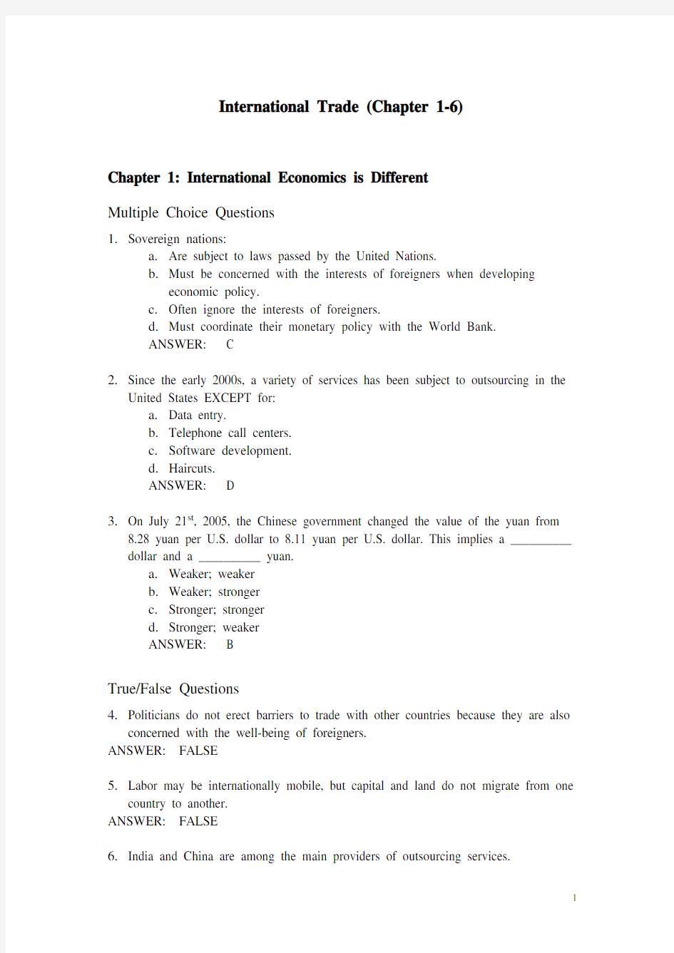 国际贸易课堂练习题(1-6章)