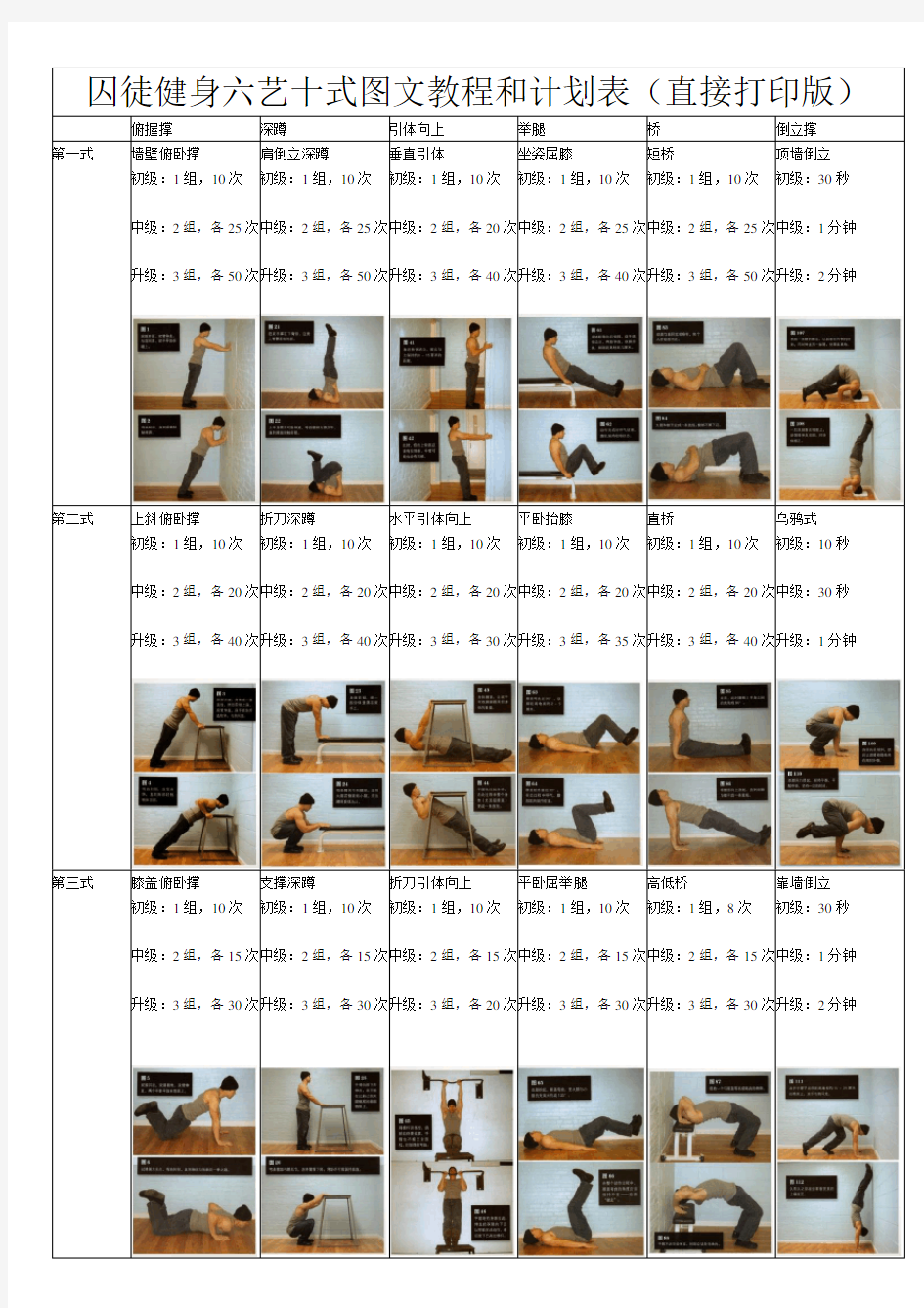 囚徒健身图文教程和计划表(完美打印版)