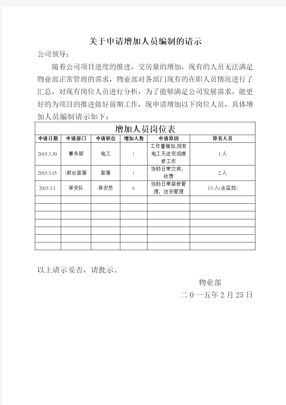 关于申请增加人员编制的请示