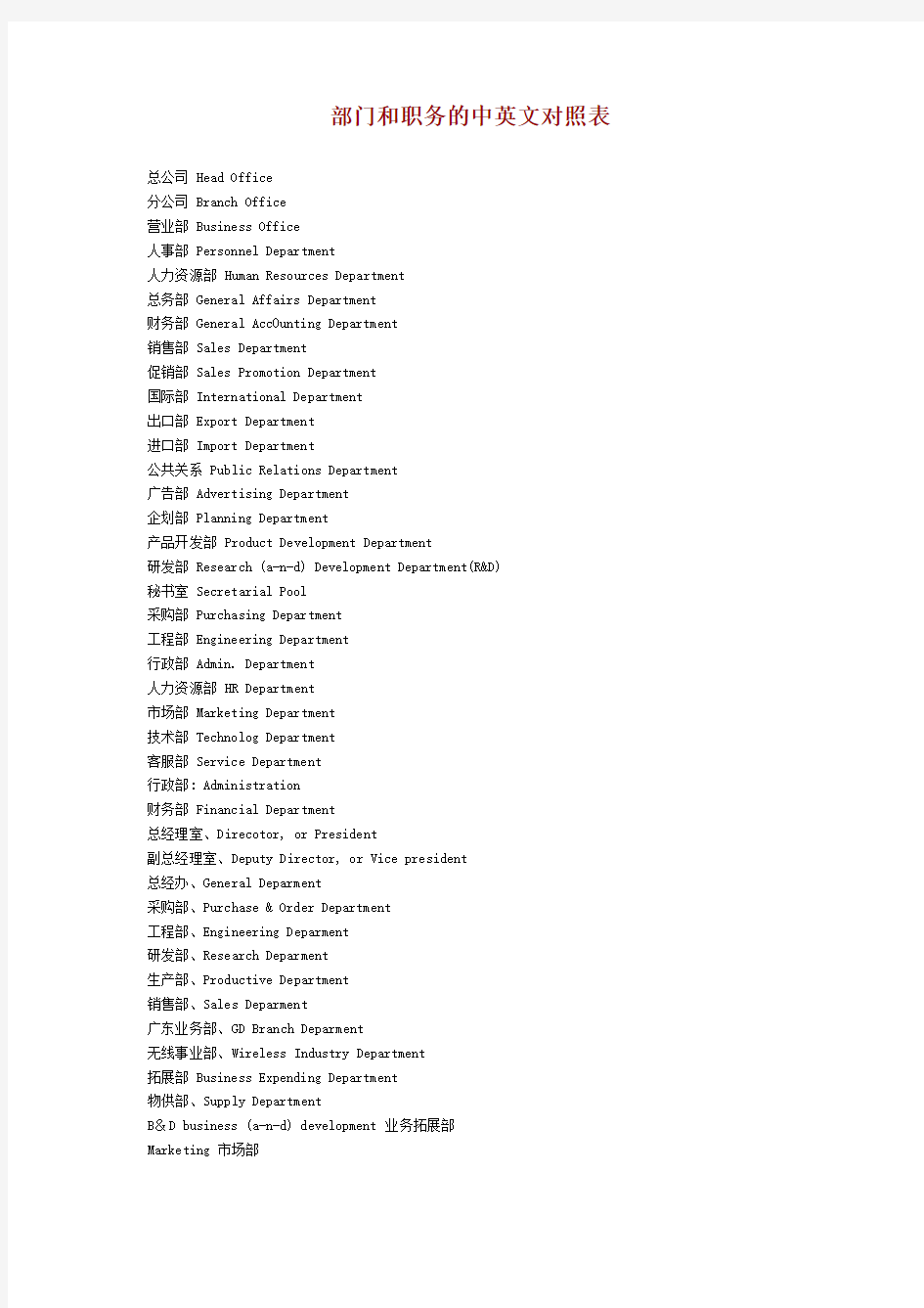 部门和职务的中英文对照表