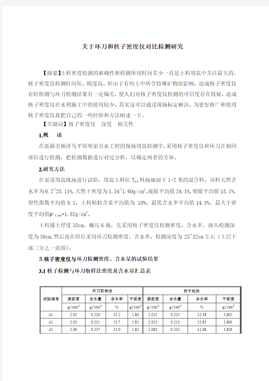 关于环刀和核子密度仪对比检测研究