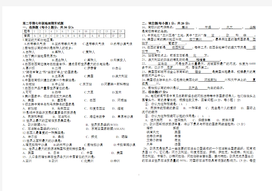 初一地理期末试题和答案