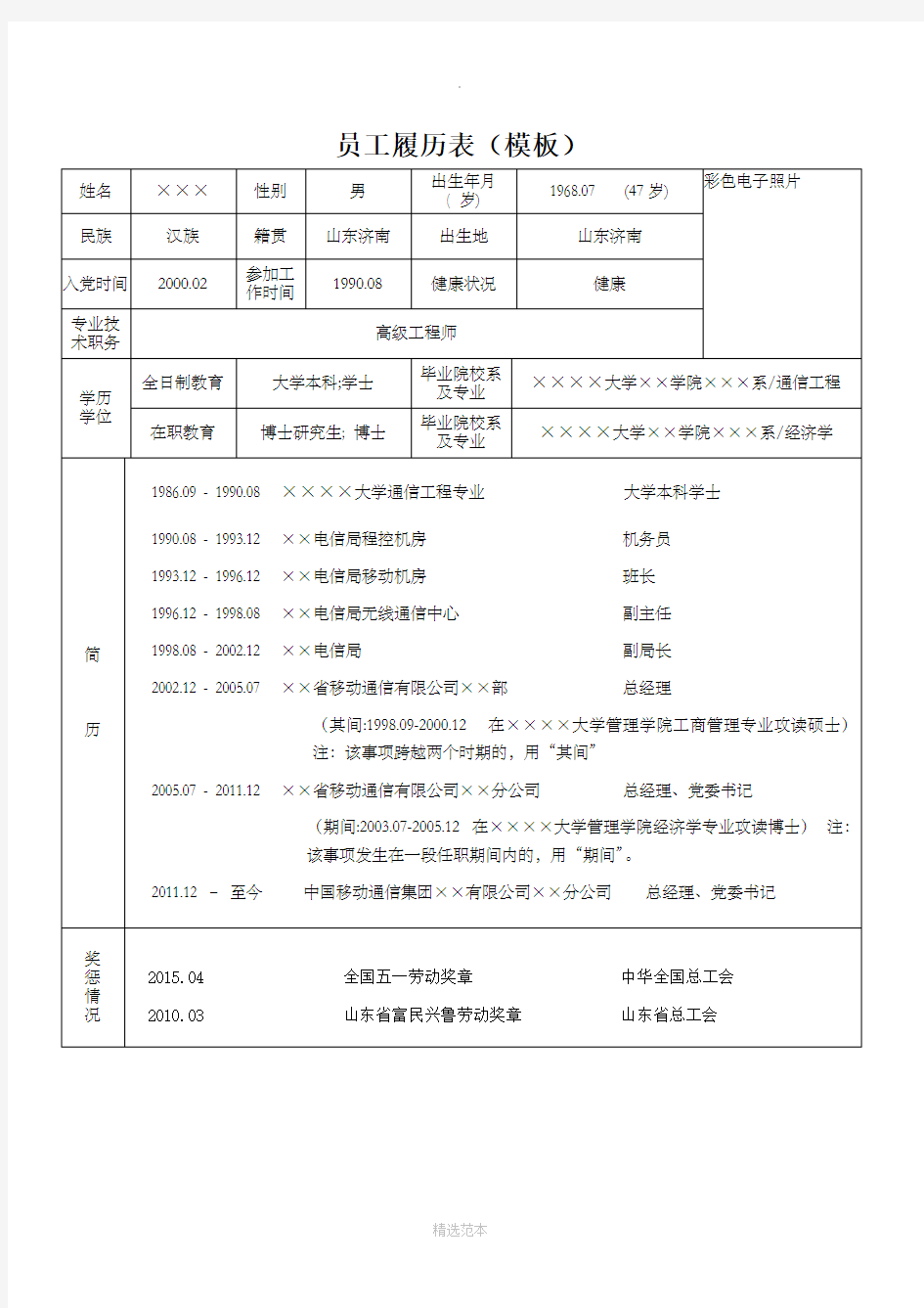 员工履历表(模板)及填写说明