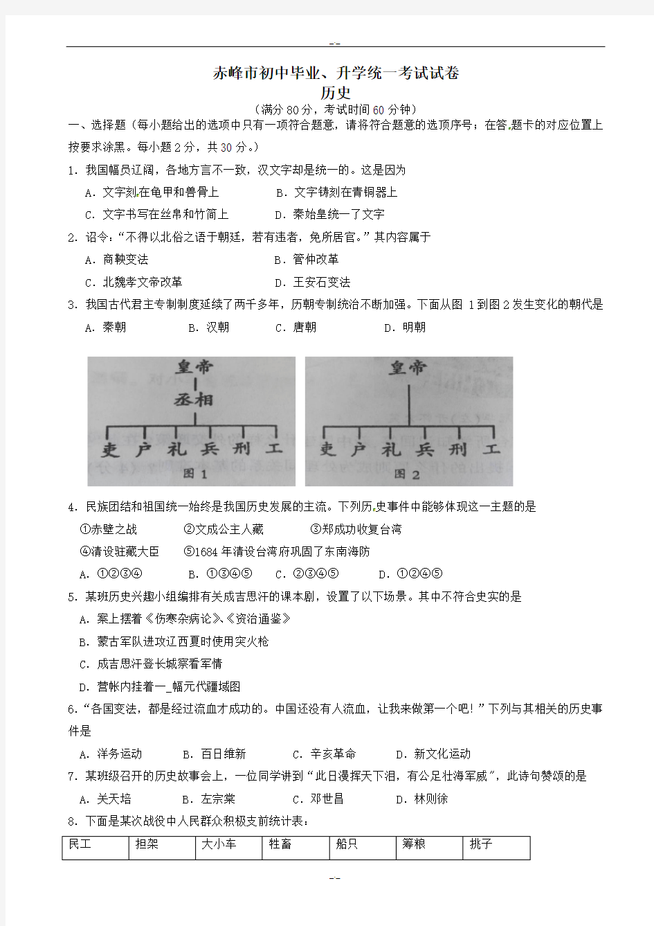 2020届内蒙古赤峰市中考历史模拟试题(有答案)