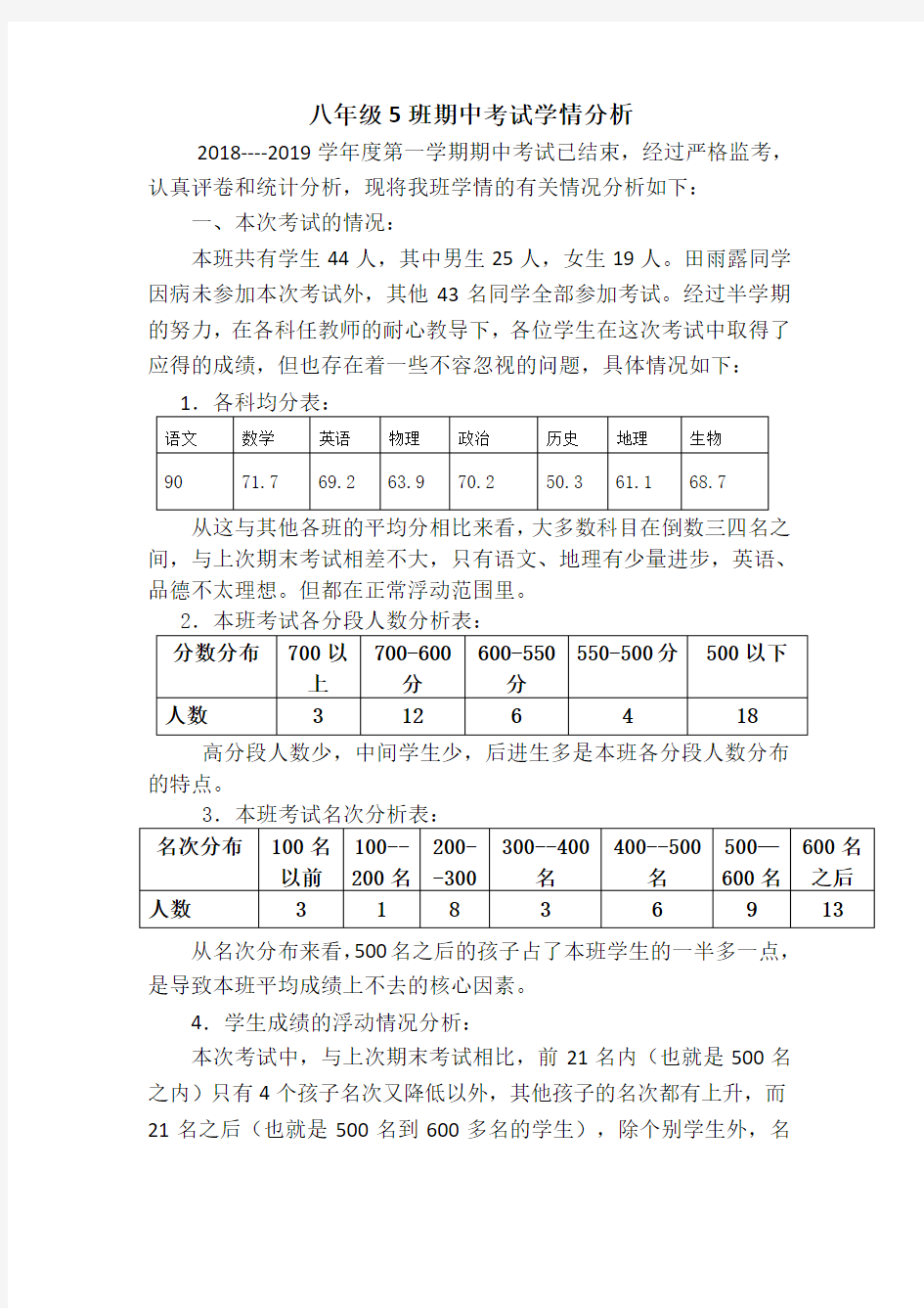 八年级期中考试学情分析