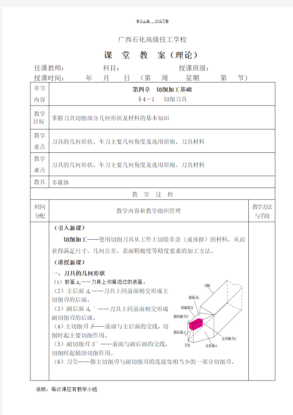 机械制造工艺基础教案(第四章切削加工基础)