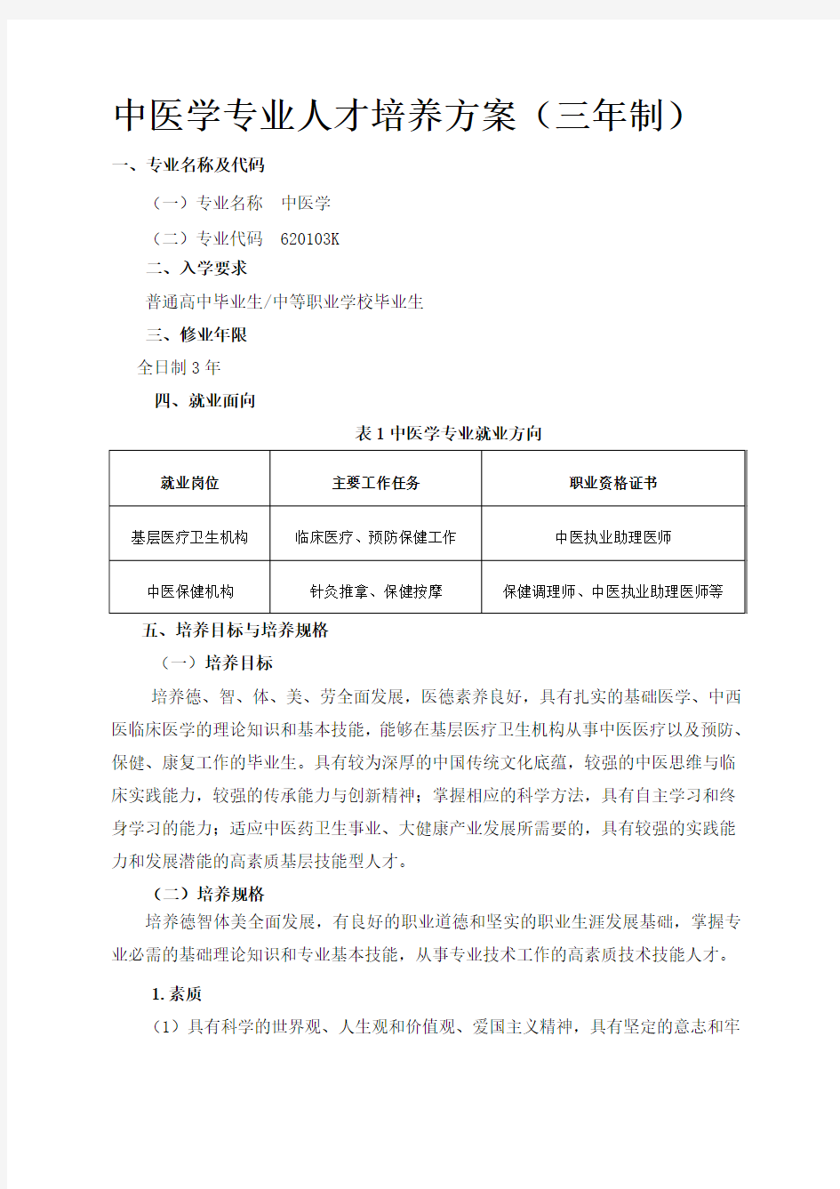 中医学专业人才培养方案(三年制)