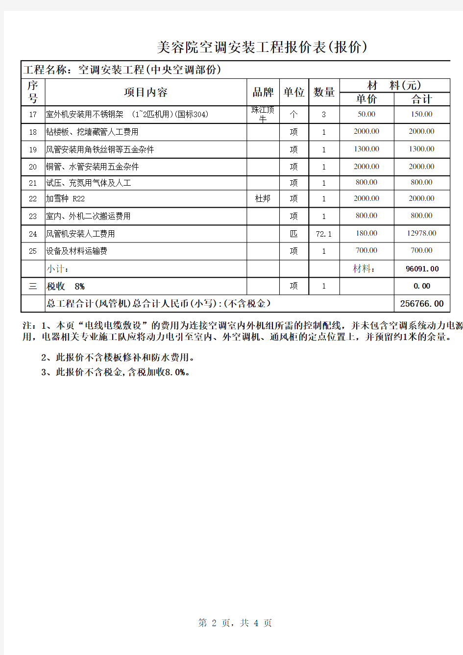 空调设备工程预算表