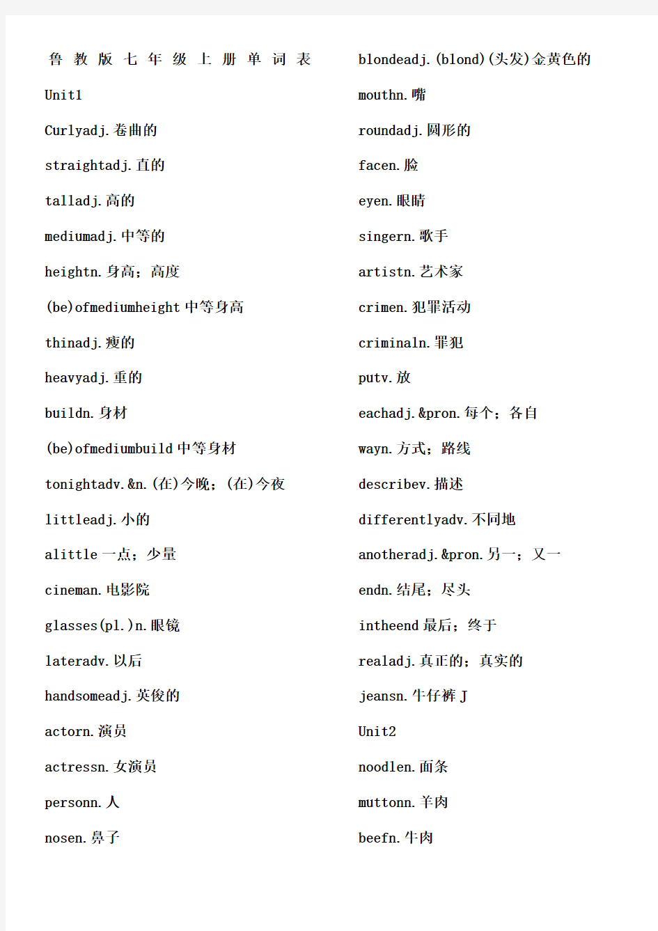 鲁教版七年级上英语单词表