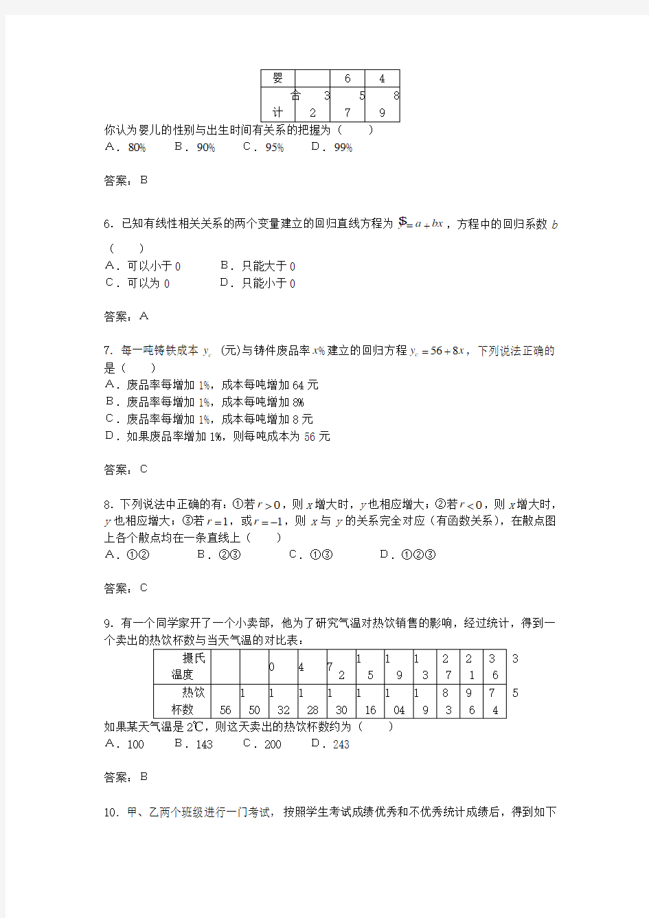 高中数学 第三章《统计案例》综合测试题 新人教B版选修2-3