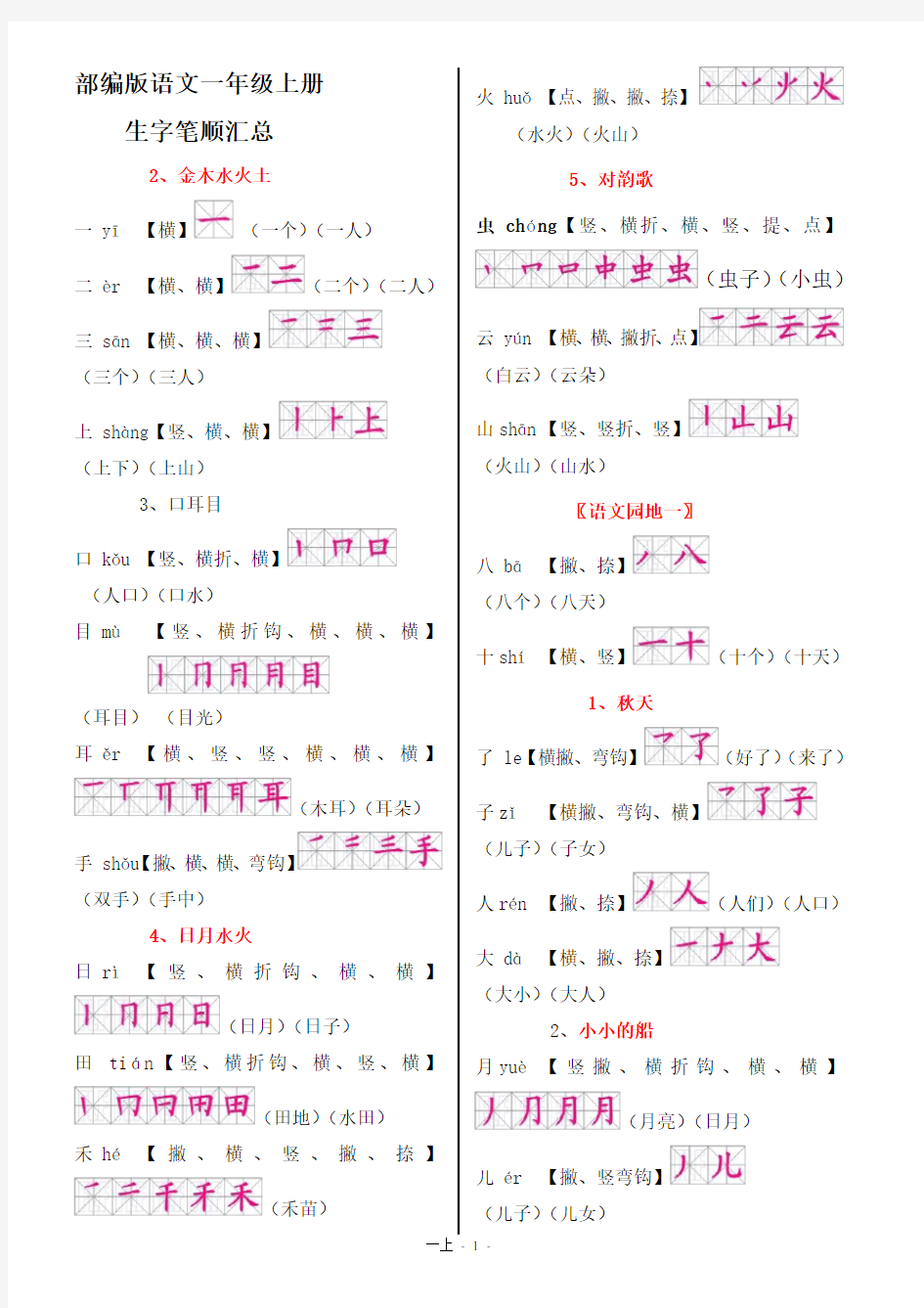 部编版语文一年级上册生字笔顺汇总