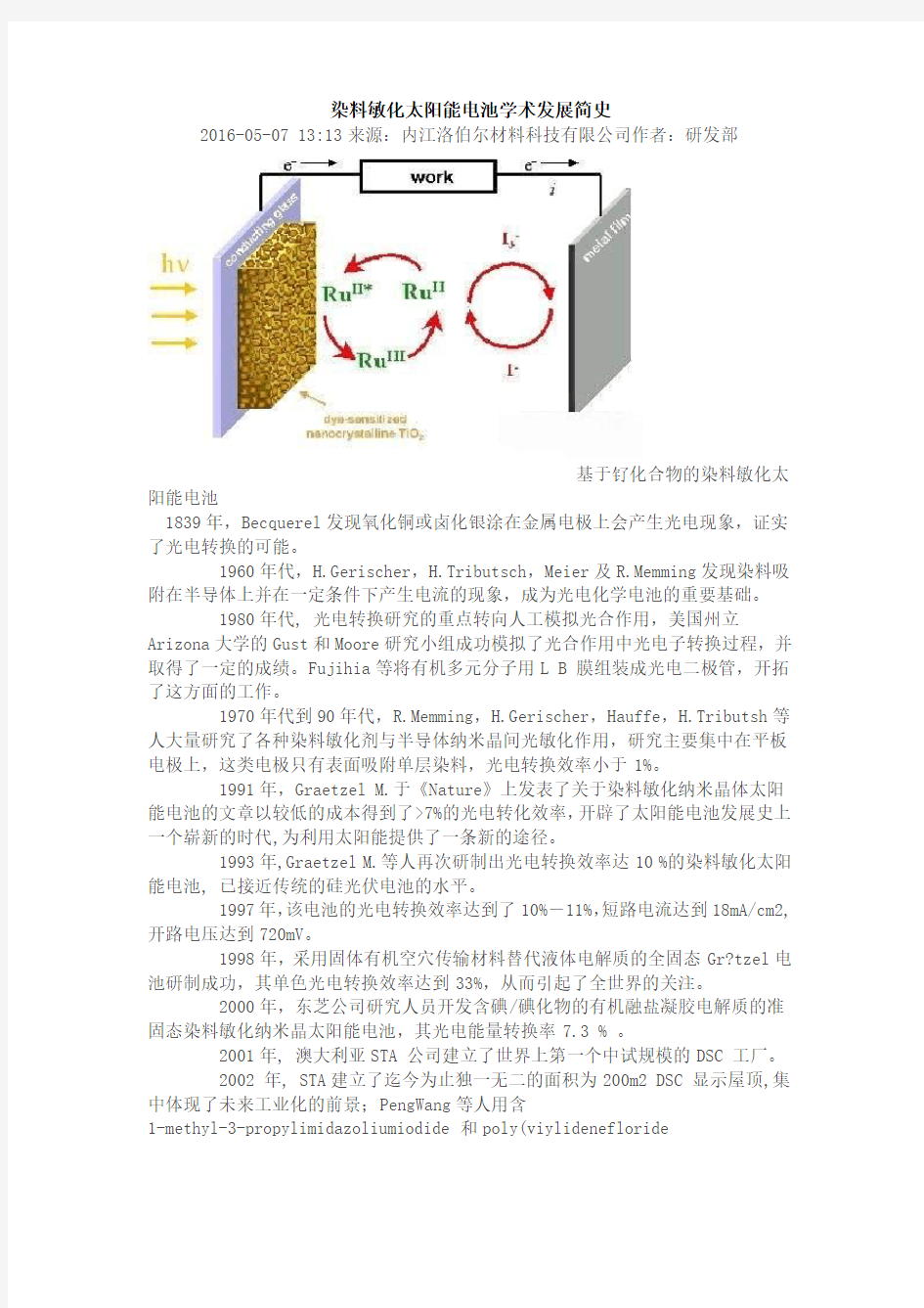 染料敏化太阳能电池学术发展简史