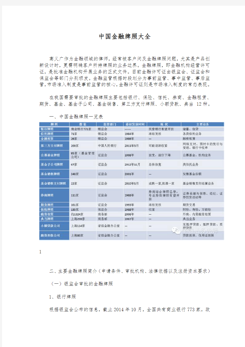 中国金融牌照大全