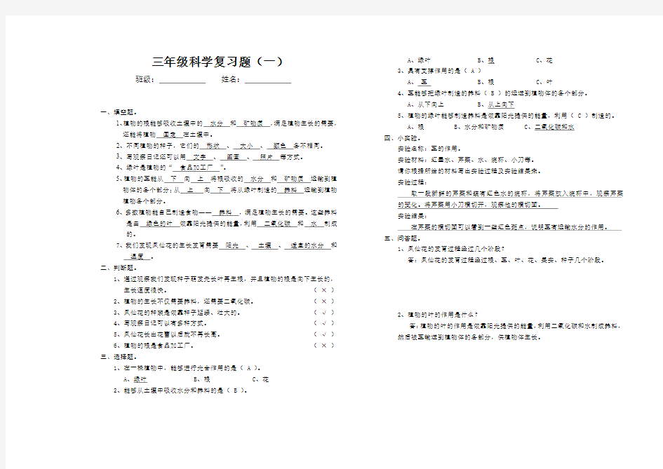 三年级科学复习题