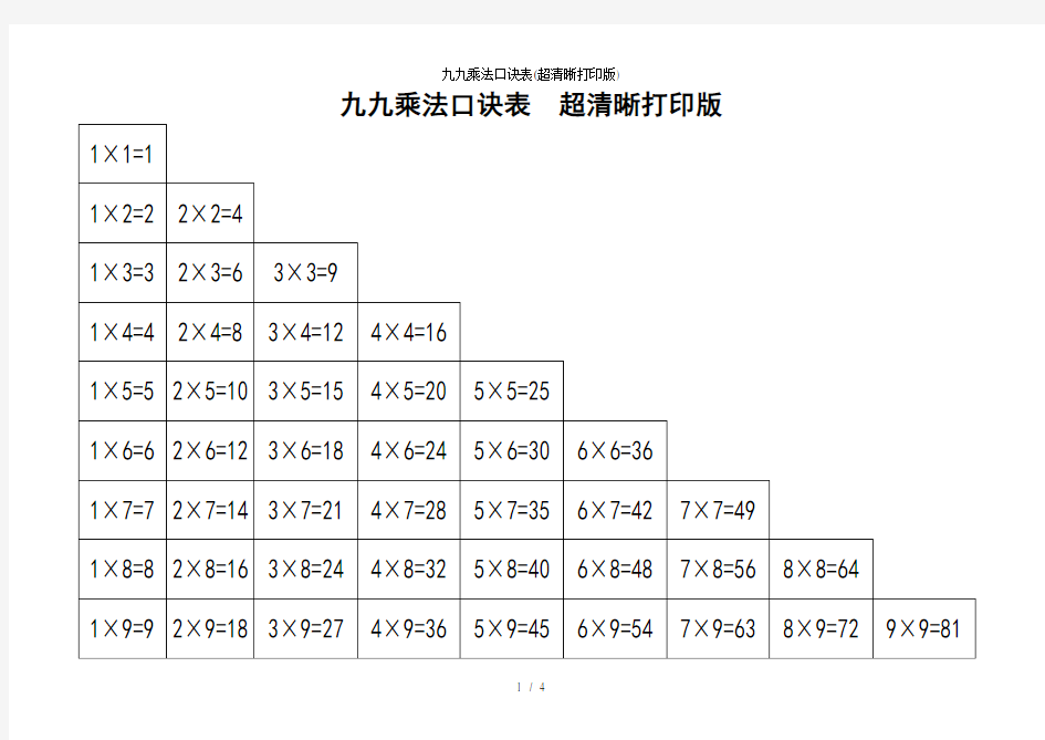 九九乘法口诀表超清晰打印版