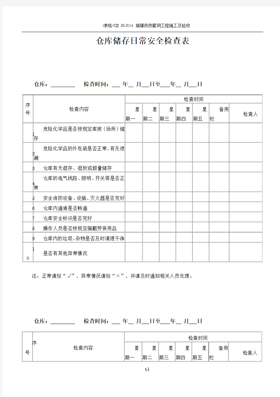 仓库储存日常安全检查表