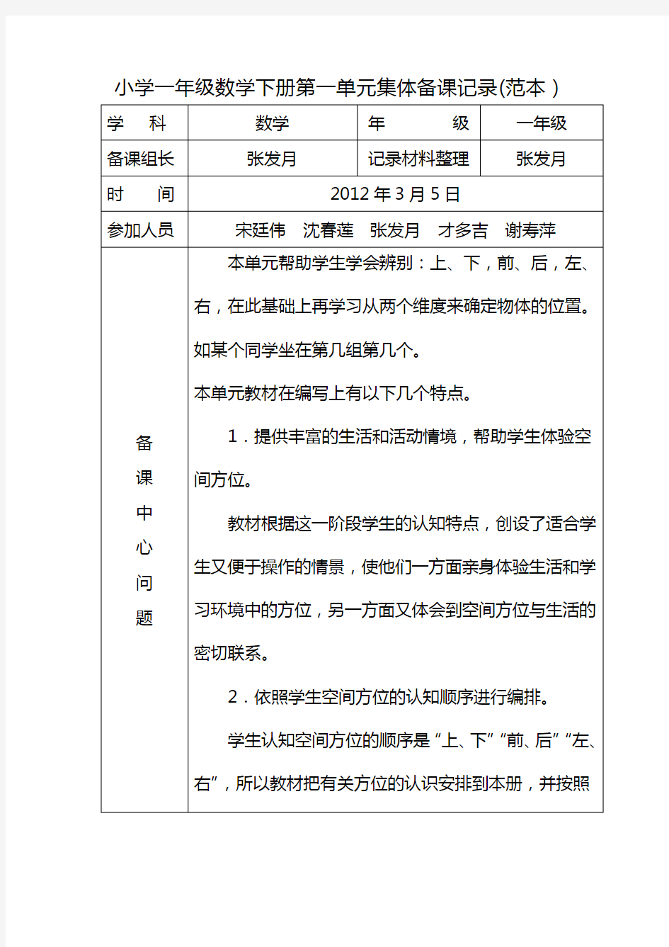 数学集体备课记录[范本]